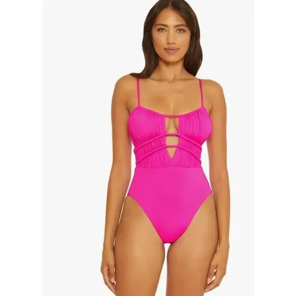 BECCA Santorini Sarai One Piece Swimsuit Plunge Neck Hot Pink Size Medium NEW - Picture 2 of 7